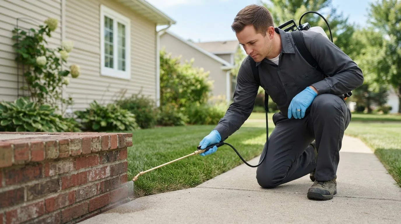 Pest control technician treating a home near Bloomfield Hills, MI